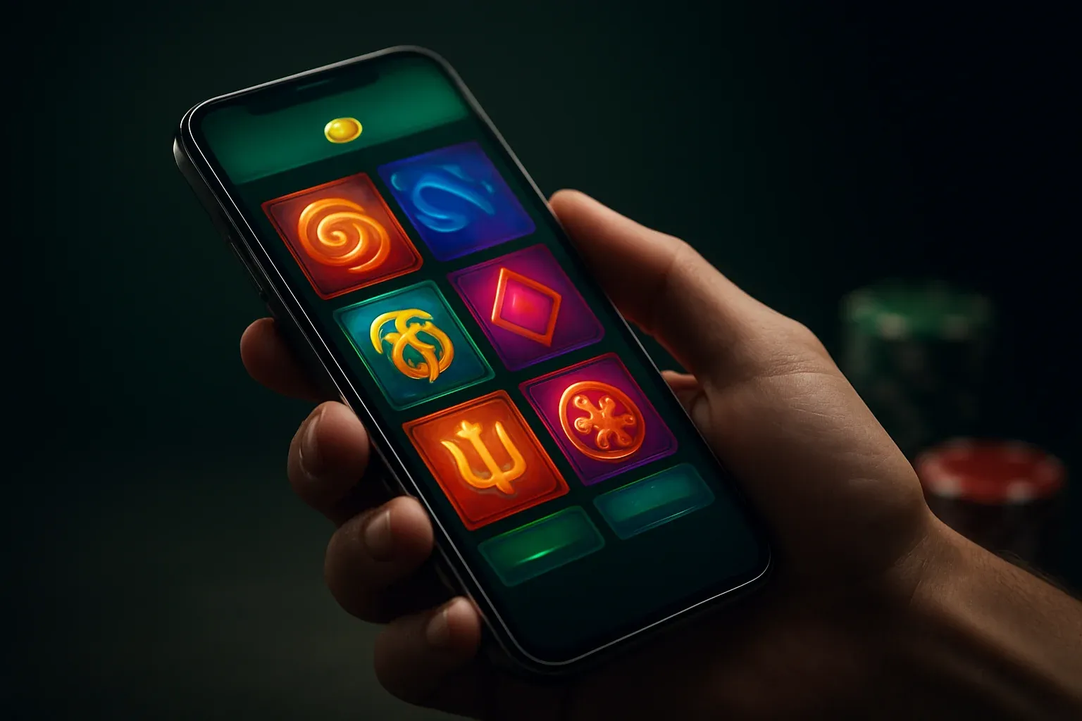 Flagship Android smartphone displaying premium casino app interface in dramatic lighting