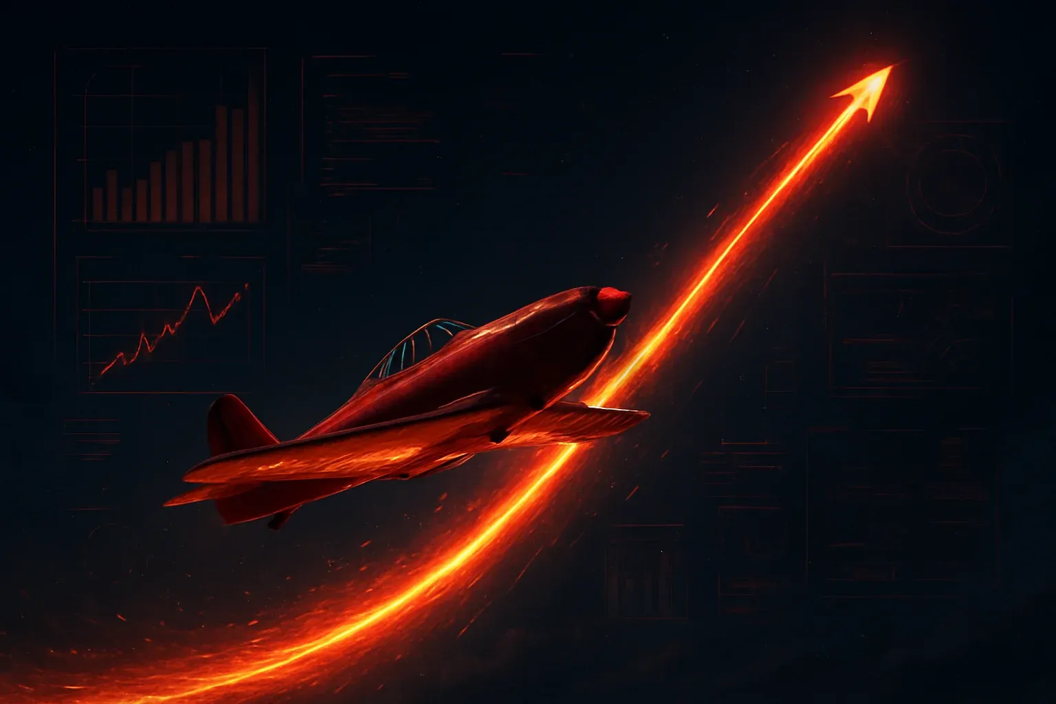 Hyperrealistic red aviator plane soaring upward with glowing multiplier trail