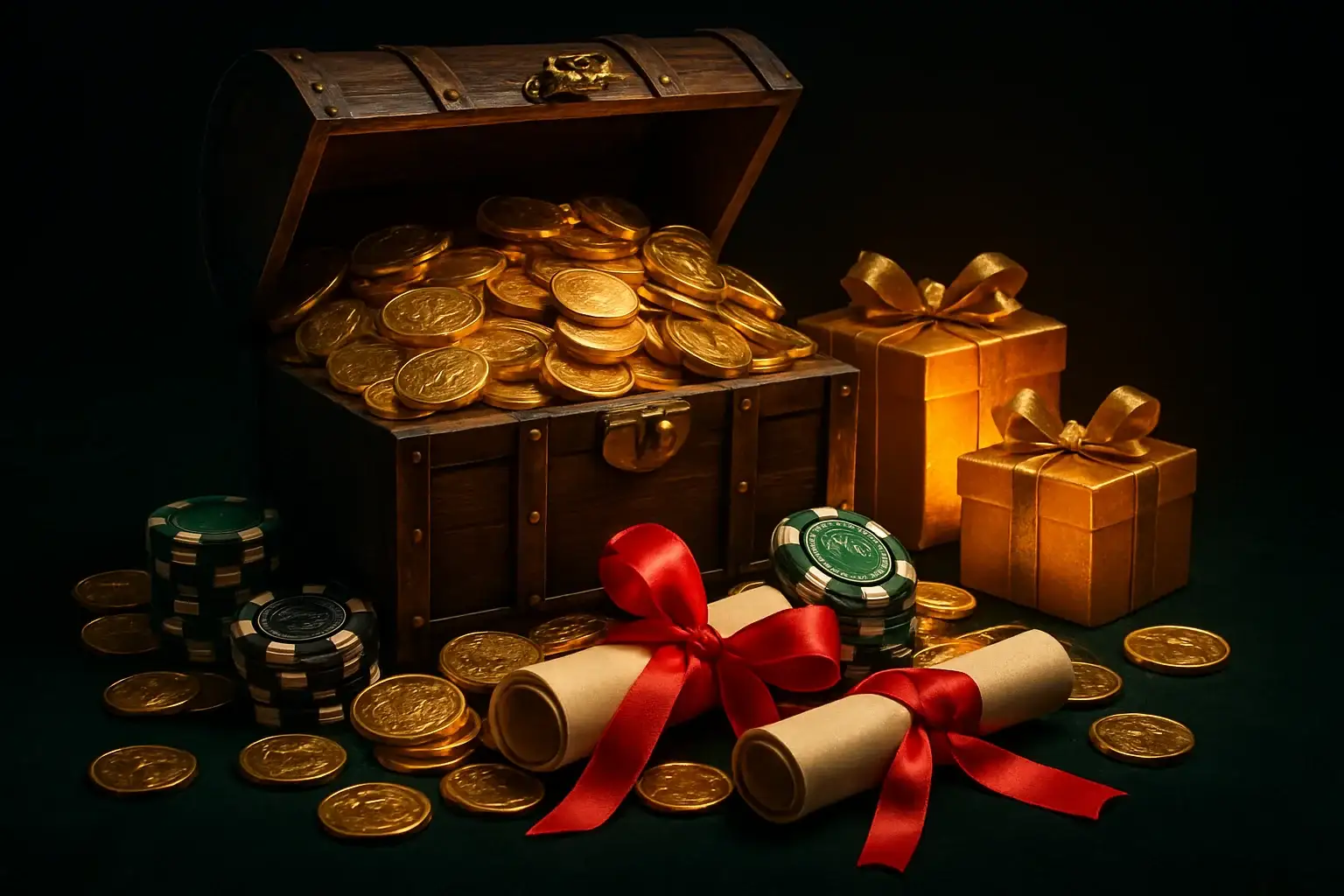 Overflowing treasure chest with coins, casino chips, vouchers, and gift boxes