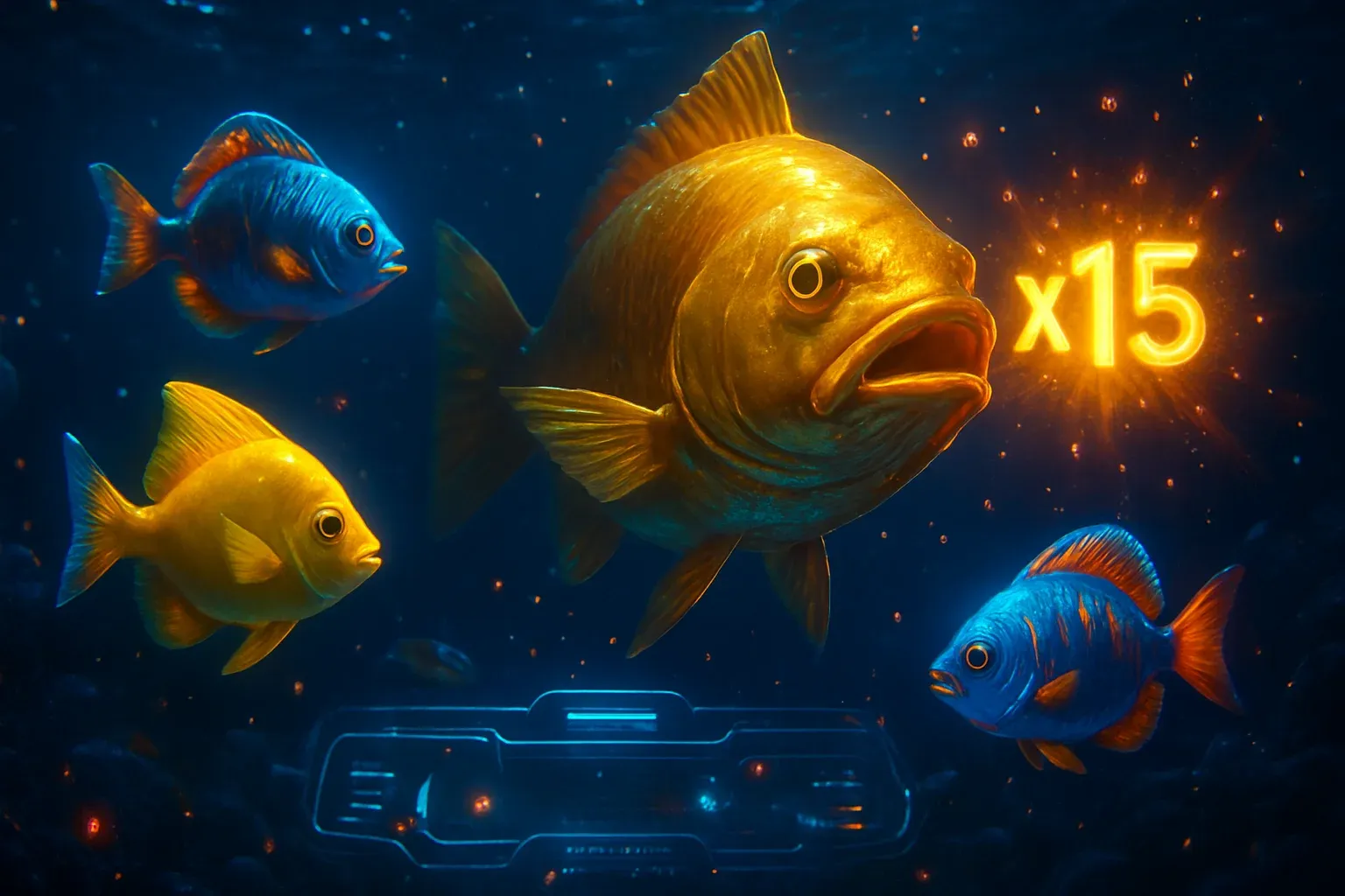 Glowing tropical fish and golden boss fish in deep blue arcade ocean