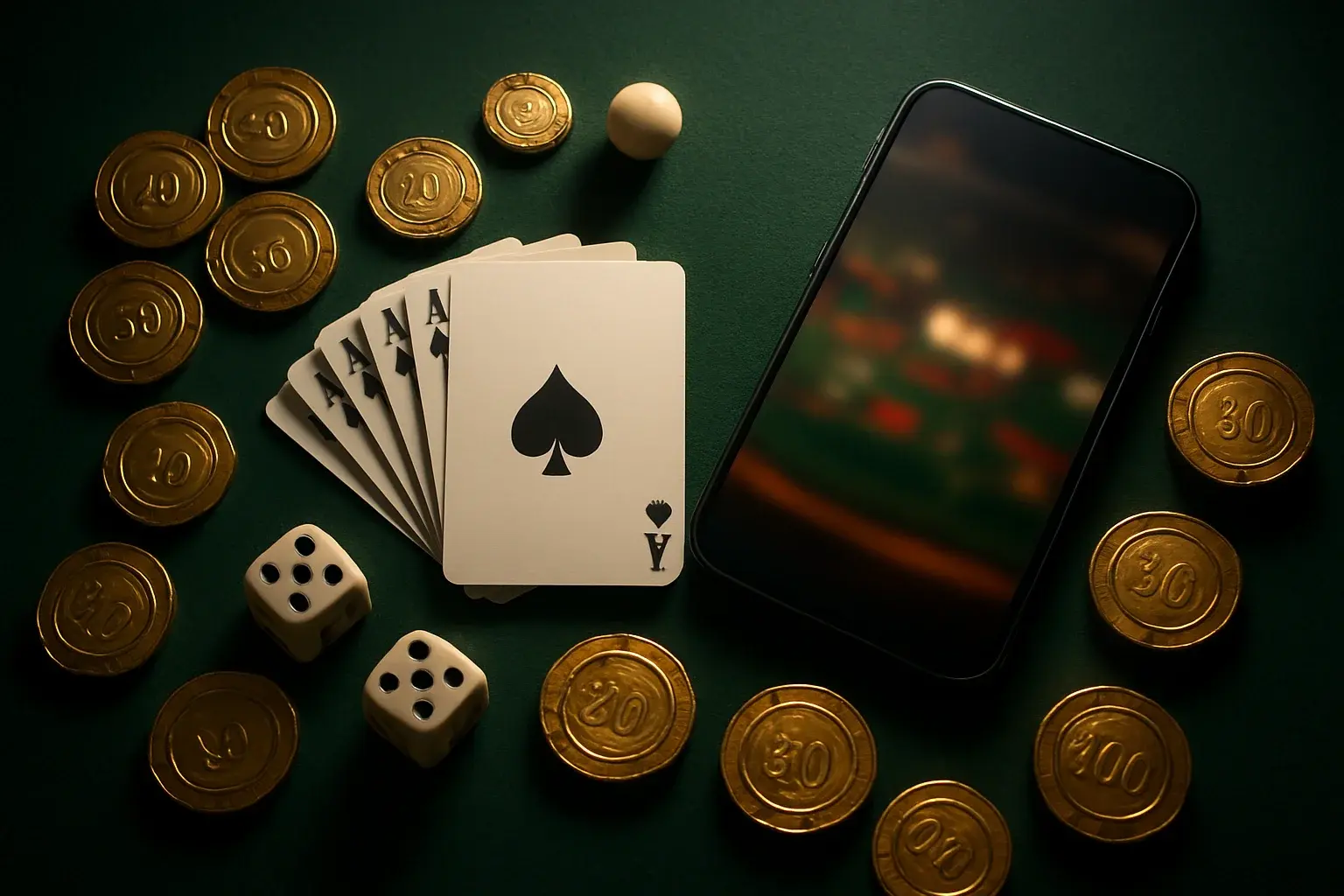 Top-down casino table with gold chips, cards, dice, roulette ball, smartphone