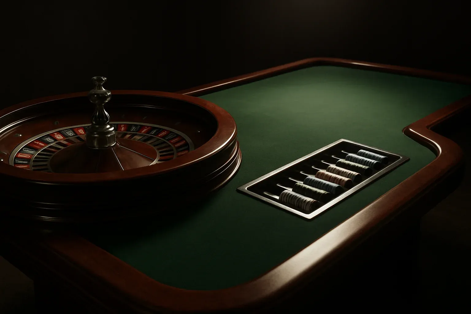 Hyperrealistic live casino studio with empty roulette table and dramatic lighting