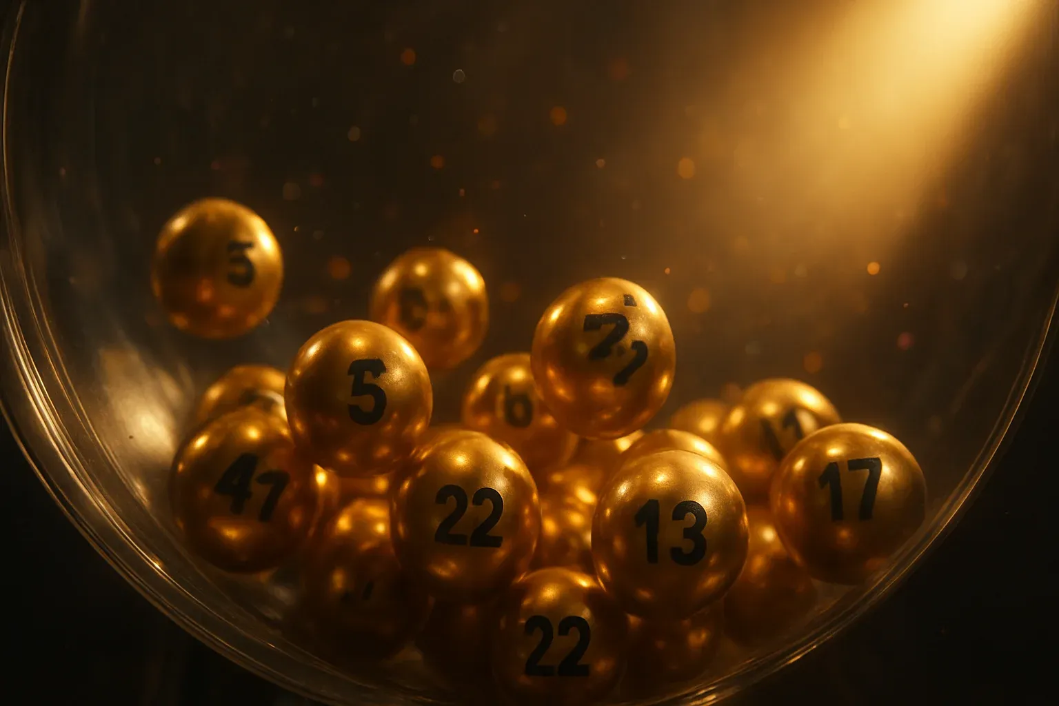 Glowing golden lottery balls tumbling inside transparent draw machine
