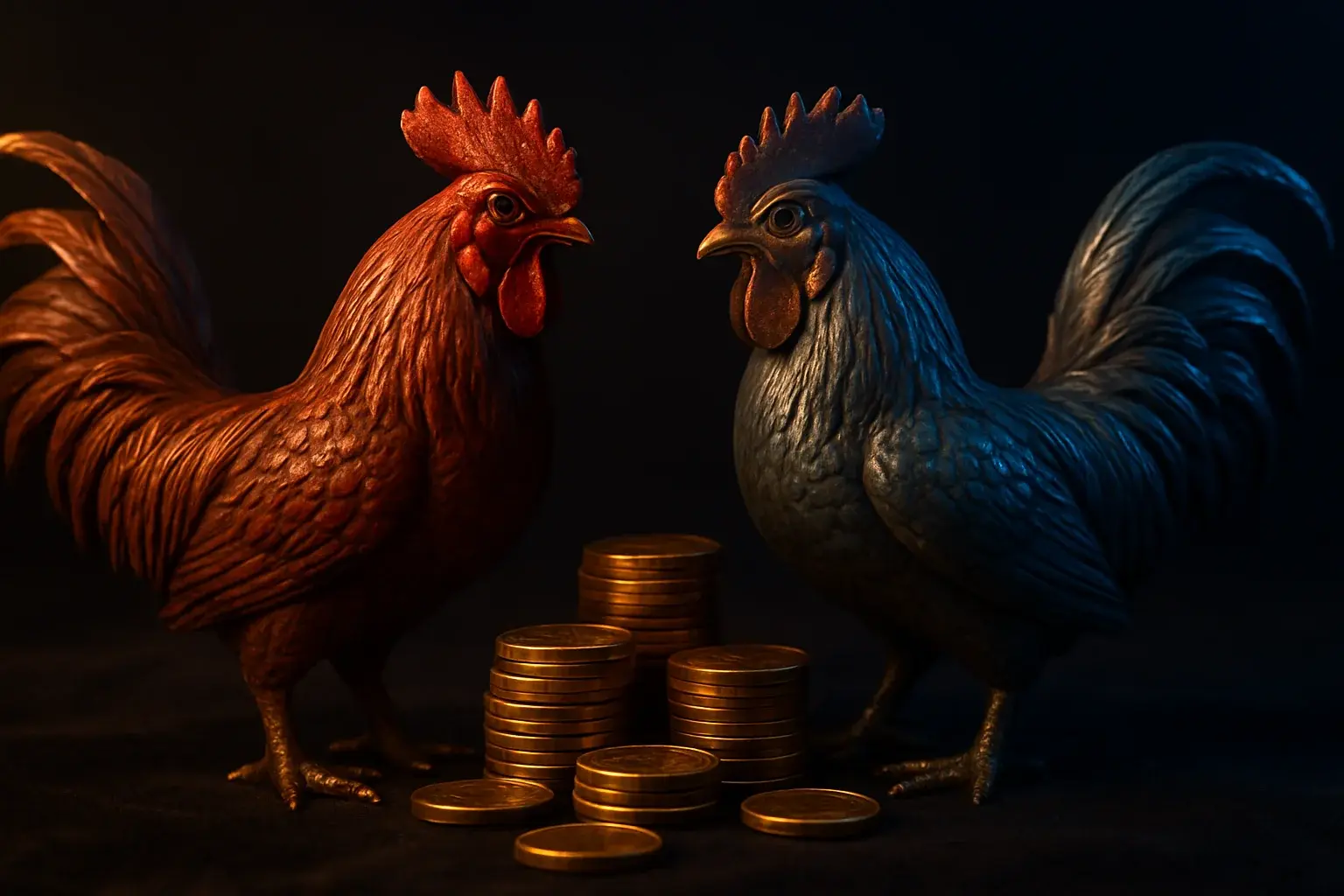 Decorative fighting rooster statuettes with casino chips on dark velvet